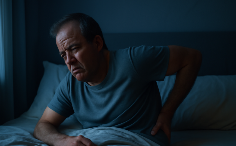 Middle-aged adult lying awake at night with chronic back pain in a dimly lit bedroom