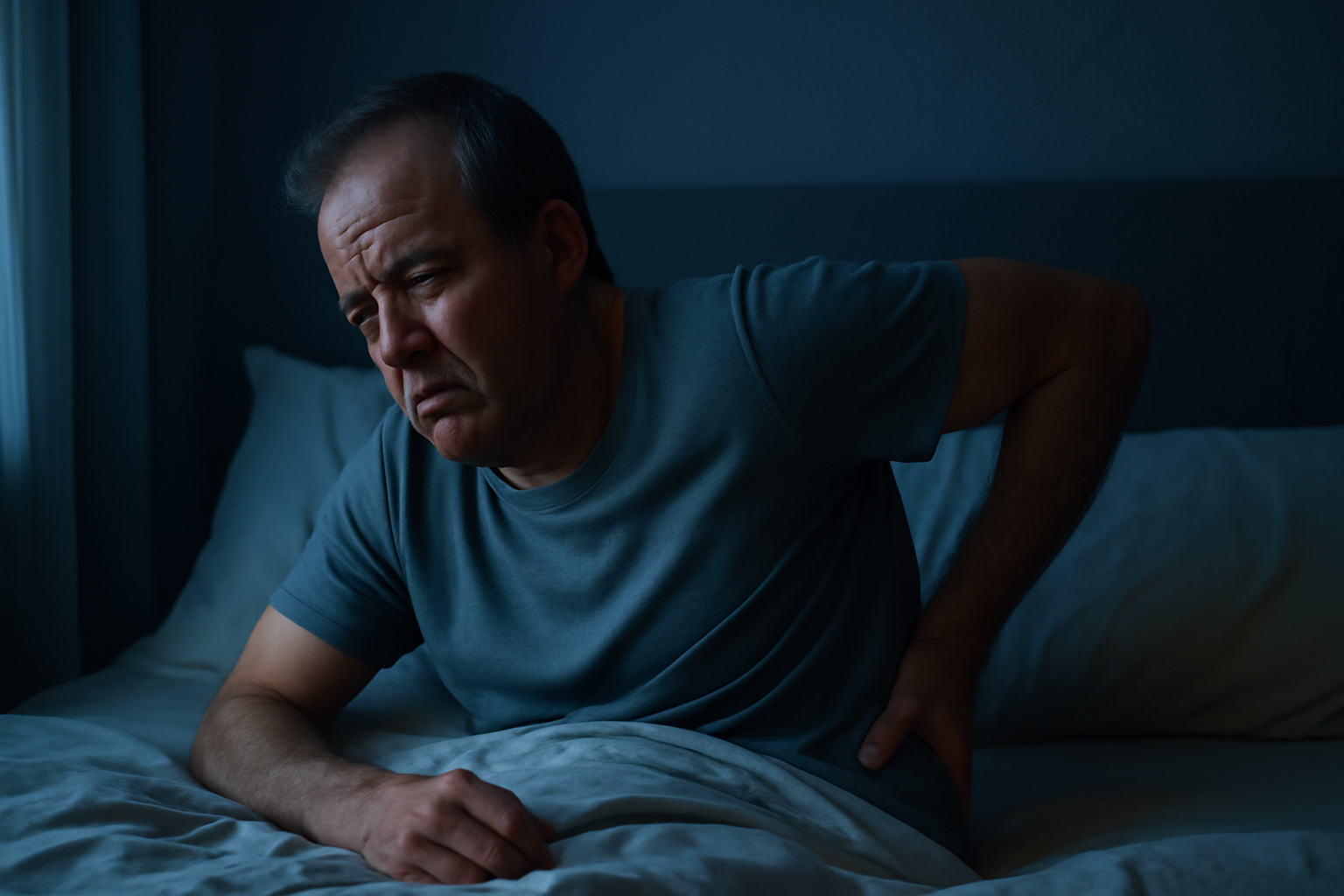 Middle-aged adult lying awake at night with chronic back pain in a dimly lit bedroom