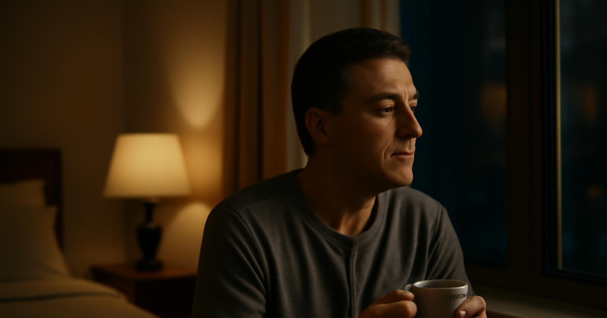Middle-aged adult relaxing in a calm bedroom at night, representing sleep and mental health in midlife