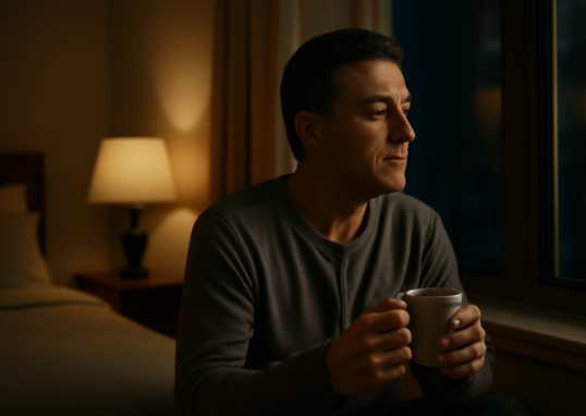 Middle-aged adult relaxing in a calm bedroom at night, representing sleep and mental health in midlife