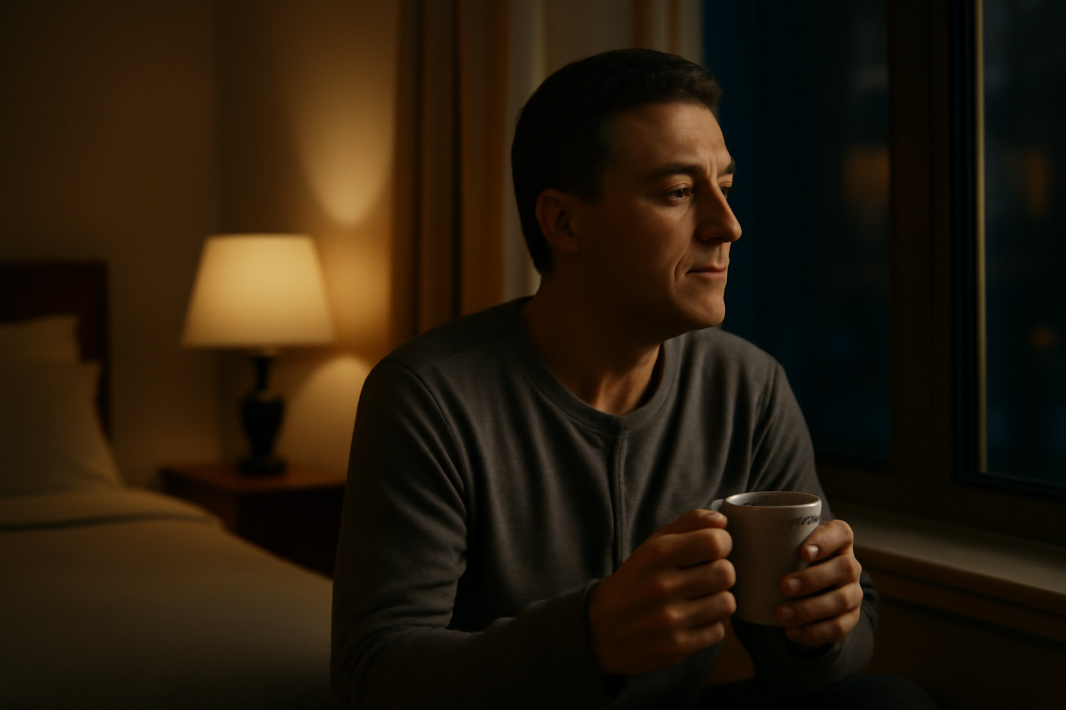 Middle-aged adult relaxing in a calm bedroom at night, representing sleep and mental health in midlife