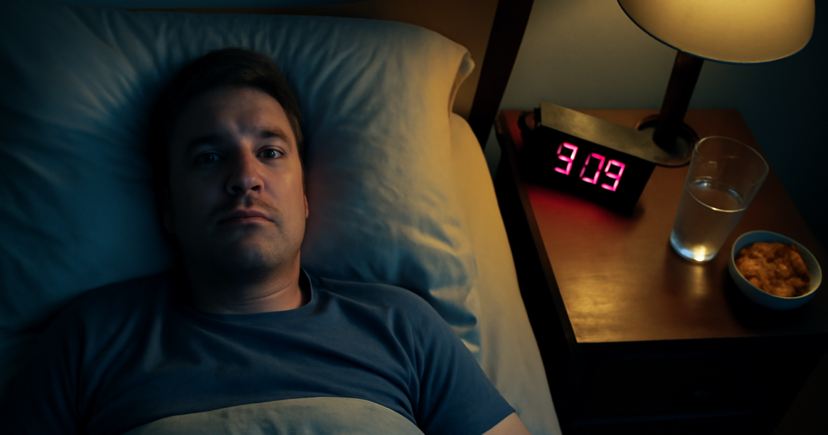 Adult lying awake at night with late-night snacks nearby, illustrating the connection between poor sleep and weight gain