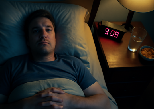 Adult lying awake at night with late-night snacks nearby, illustrating the connection between poor sleep and weight gain