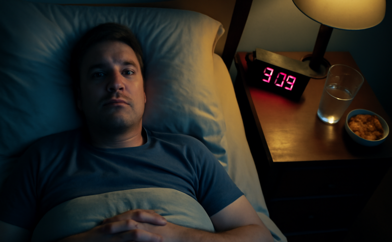 Adult lying awake at night with late-night snacks nearby, illustrating the connection between poor sleep and weight gain