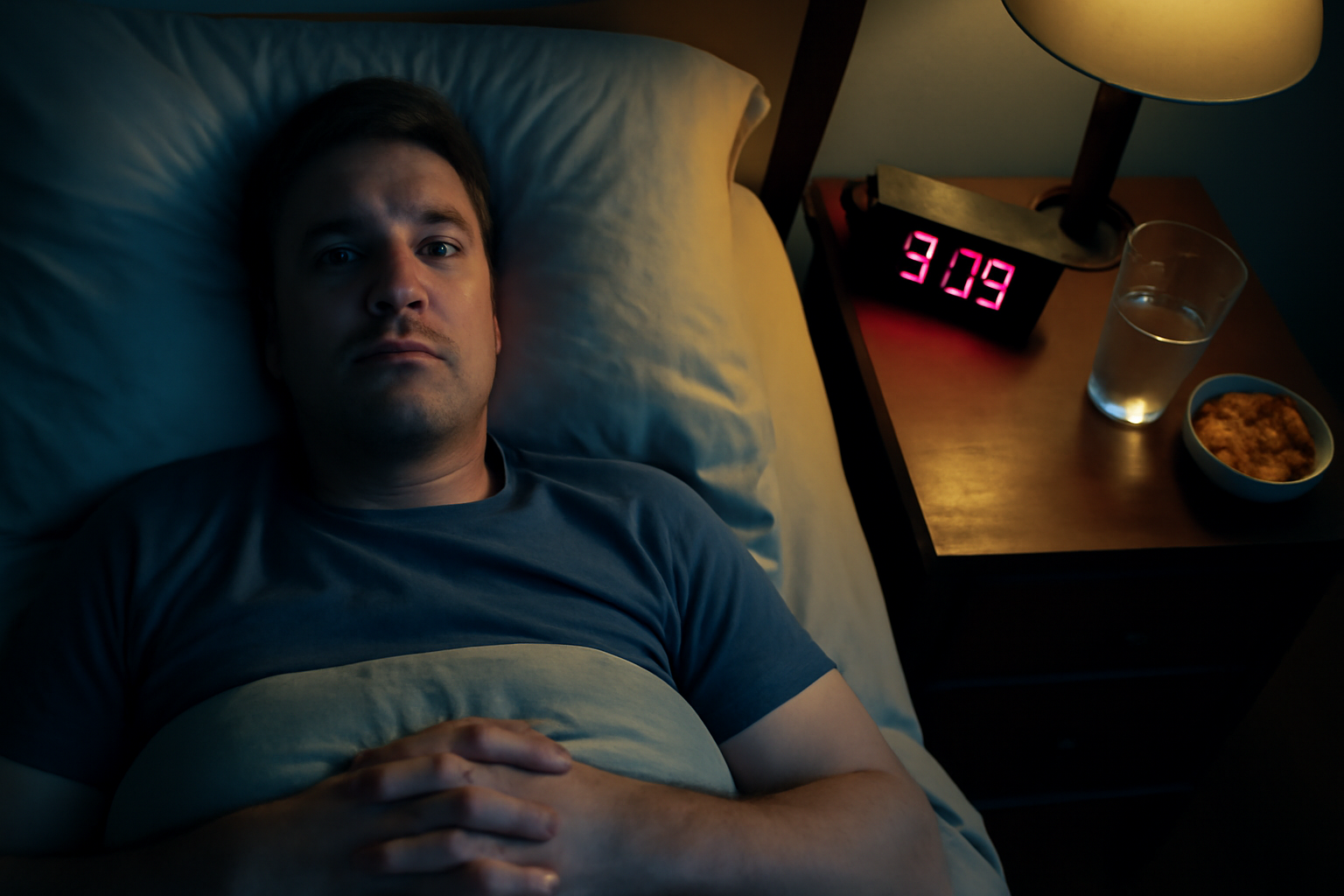 Adult lying awake at night with late-night snacks nearby, illustrating the connection between poor sleep and weight gain