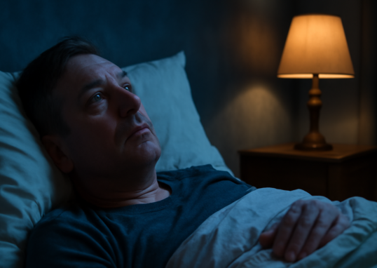Adult lying awake at night in bed representing sleep disorders and mental health connection