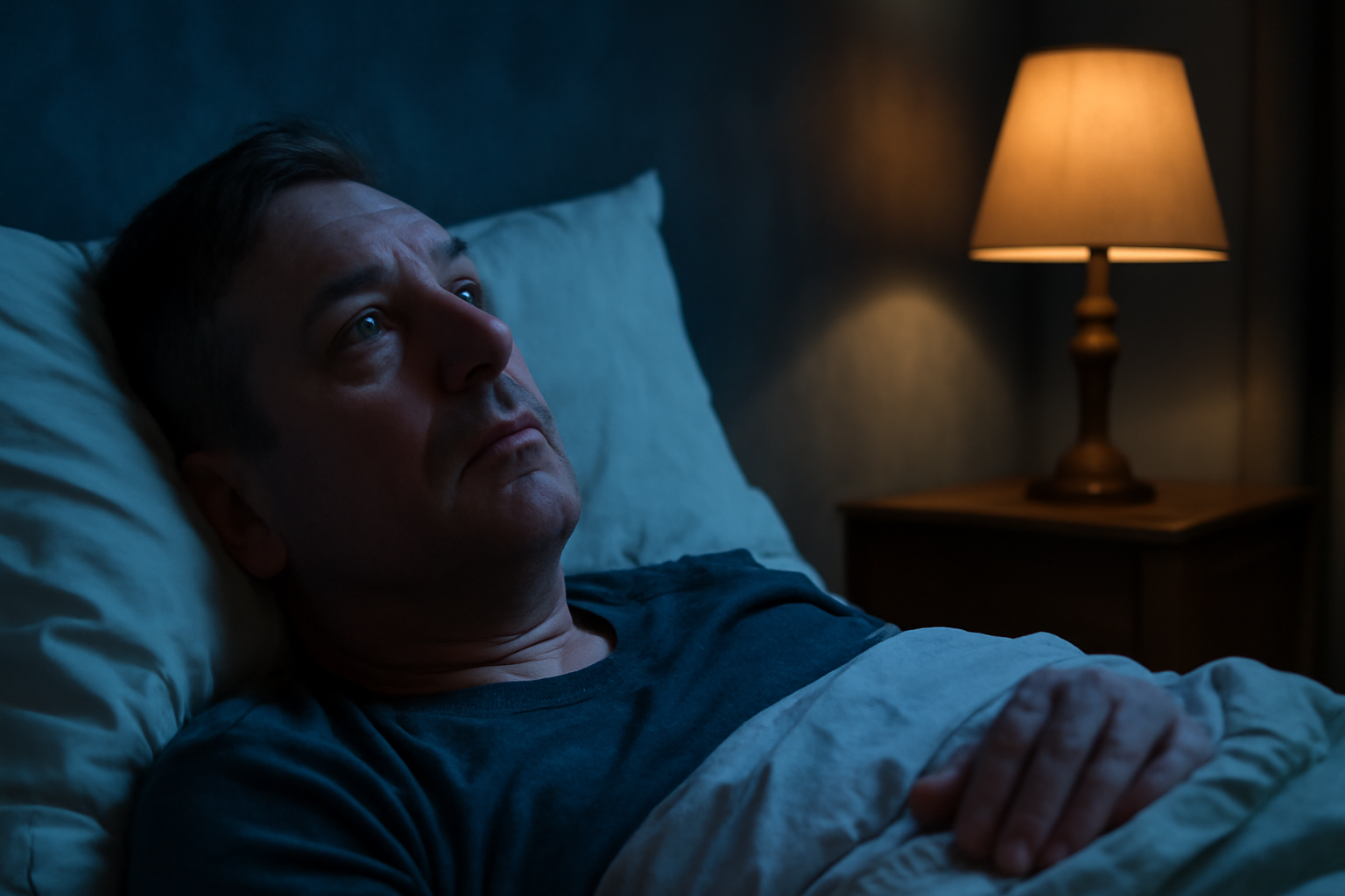 Adult lying awake at night in bed representing sleep disorders and mental health connection