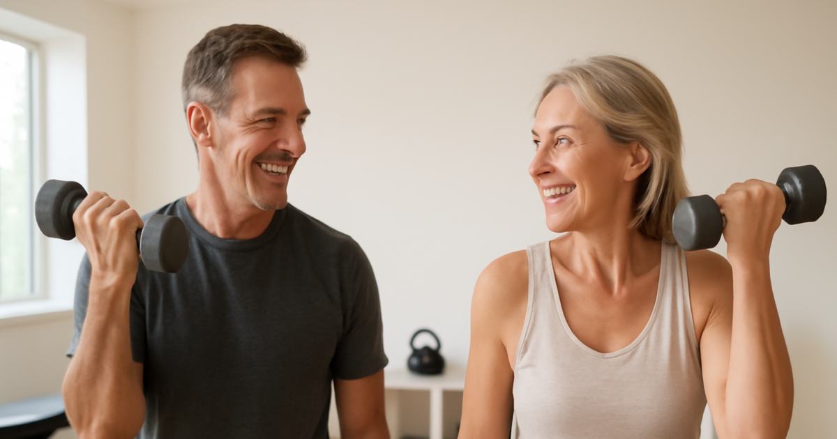 Adults over 40 doing strength training with dumbbells in a bright home gym