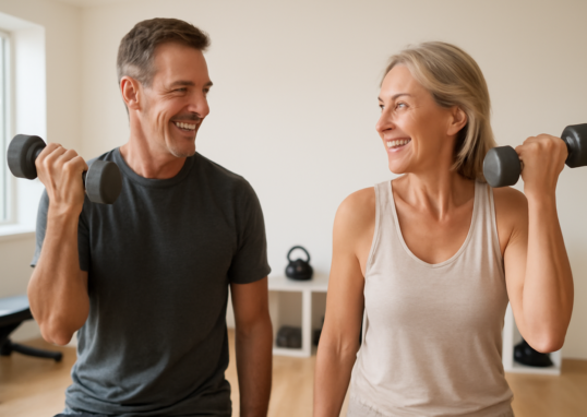 Adults over 40 doing strength training with dumbbells in a bright home gym
