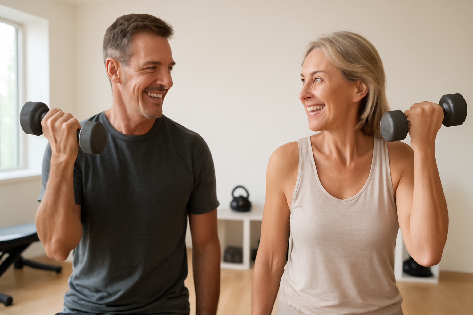 Adults over 40 doing strength training with dumbbells in a bright home gym
