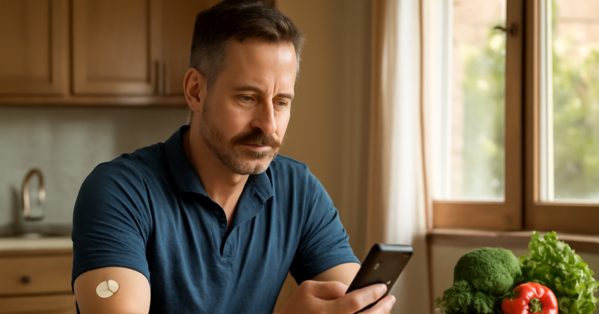Adult man with type 1 diabetes checking his continuous glucose monitor at home