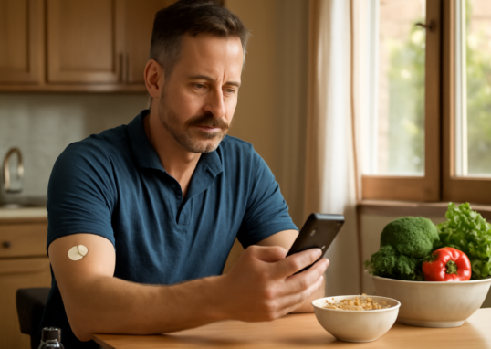 Adult man with type 1 diabetes checking his continuous glucose monitor at home