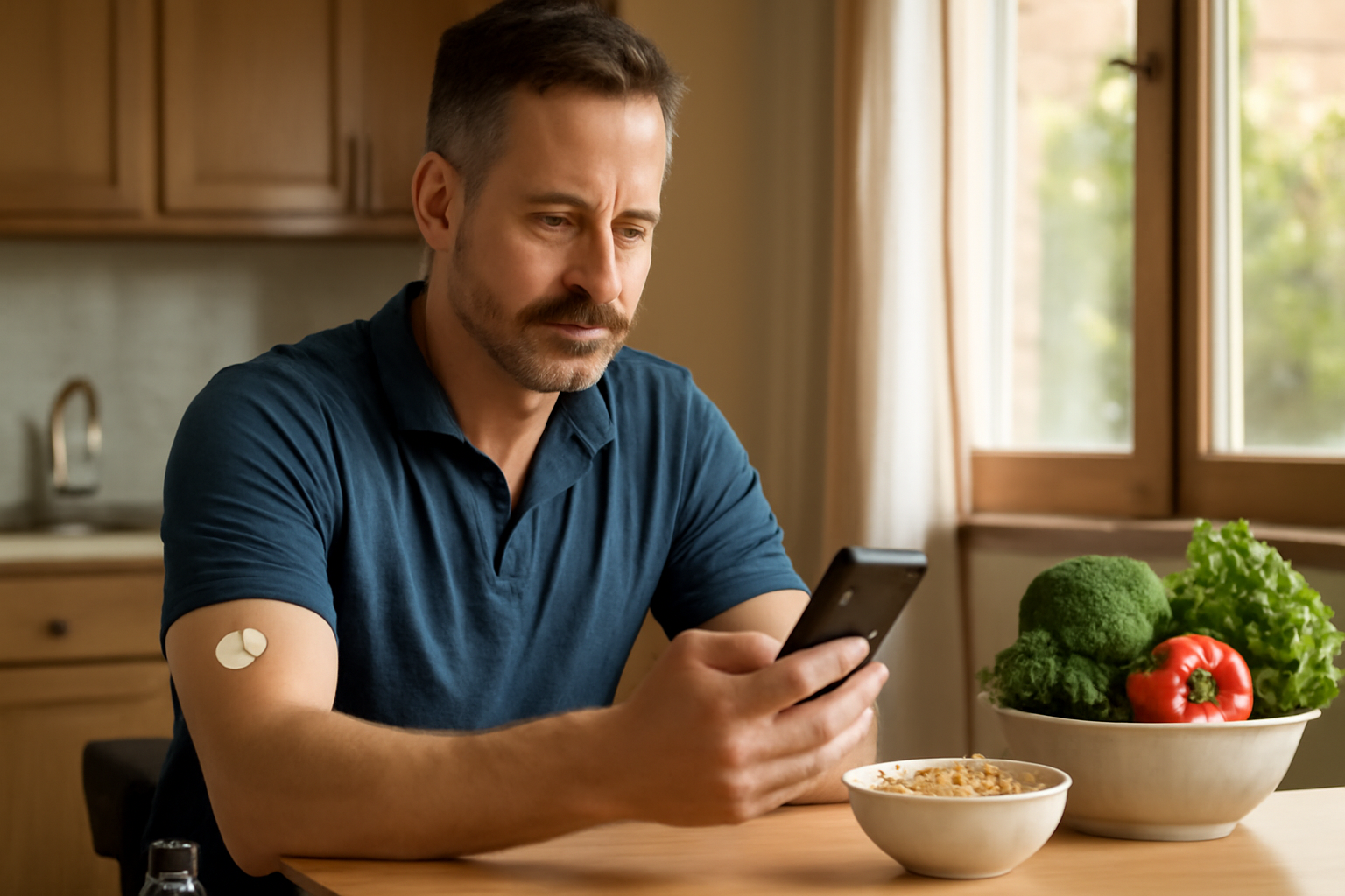 Adult man with type 1 diabetes checking his continuous glucose monitor at home
