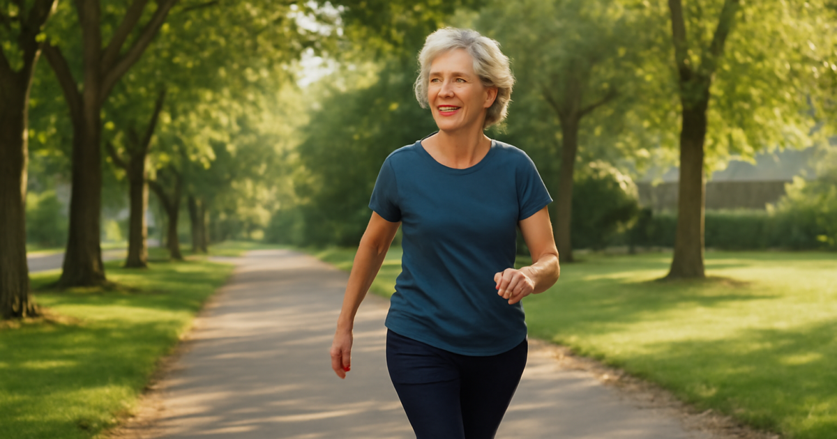 Healthy adult walking briskly on a sunny tree-lined path for daily exercise