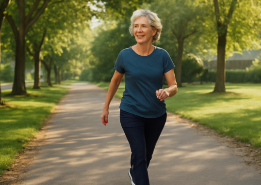 Healthy adult walking briskly on a sunny tree-lined path for daily exercise