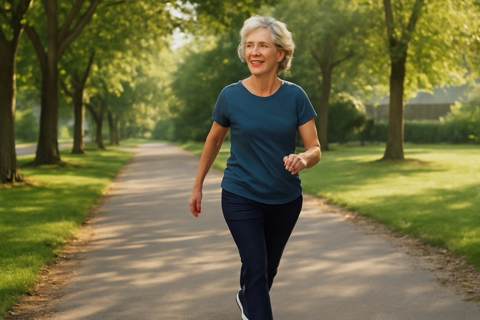Healthy adult walking briskly on a sunny tree-lined path for daily exercise