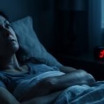 Woman lying awake at night with anxious expression, unable to sleep due to anxiety