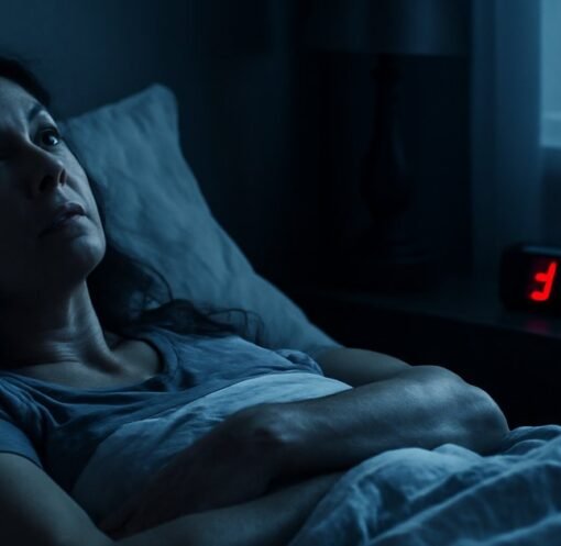 Woman lying awake at night with anxious expression, unable to sleep due to anxiety