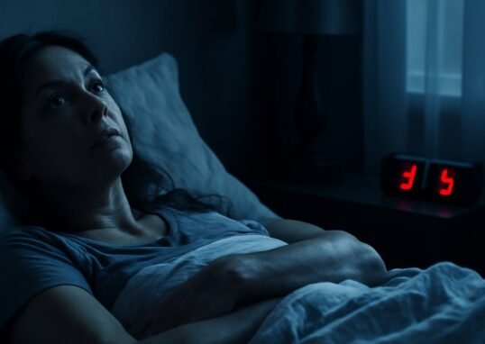Woman lying awake at night with anxious expression, unable to sleep due to anxiety