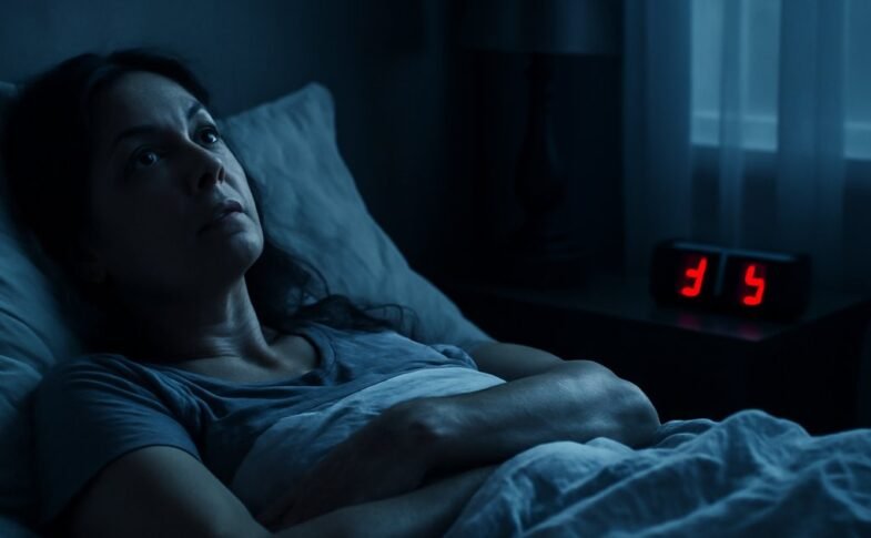 Woman lying awake at night with anxious expression, unable to sleep due to anxiety