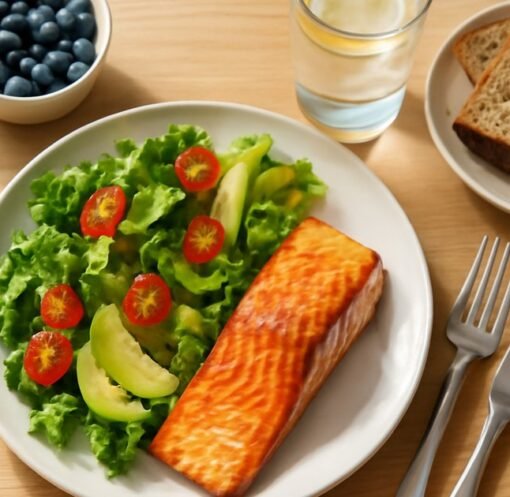 Colorful balanced meal with salmon, salad, and fresh fruit representing healthy eating habits after 40