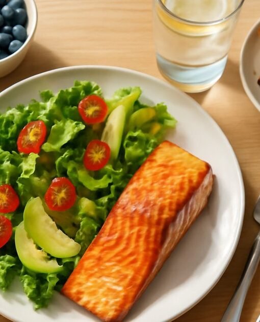 Colorful balanced meal with salmon, salad, and fresh fruit representing healthy eating habits after 40