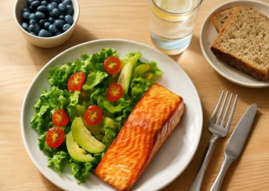 Colorful balanced meal with salmon, salad, and fresh fruit representing healthy eating habits after 40