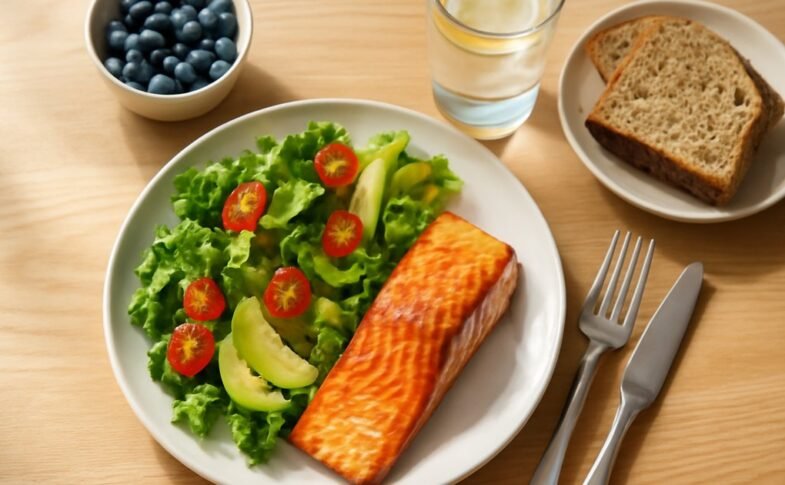 Colorful balanced meal with salmon, salad, and fresh fruit representing healthy eating habits after 40