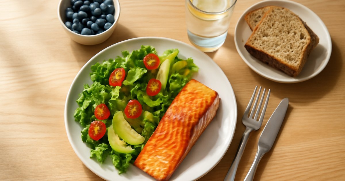 Colorful balanced meal with salmon, salad, and fresh fruit representing healthy eating habits after 40