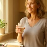 Woman over 40 starting a healthy morning routine with water and natural sunlight