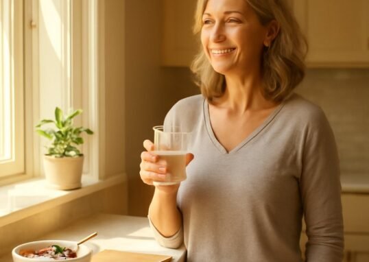 Woman over 40 starting a healthy morning routine with water and natural sunlight