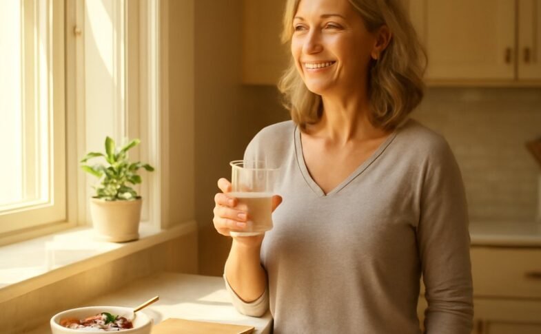 Woman over 40 starting a healthy morning routine with water and natural sunlight