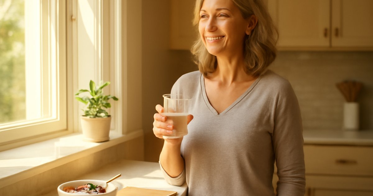 Woman over 40 starting a healthy morning routine with water and natural sunlight