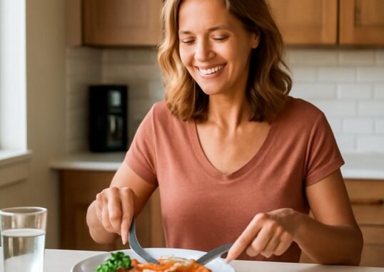Woman in her 40s preparing a healthy balanced meal for weight management
