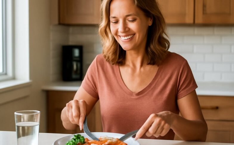 Woman in her 40s preparing a healthy balanced meal for weight management
