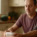 Middle-aged man using a home blood pressure monitor at a kitchen table with healthy food nearby