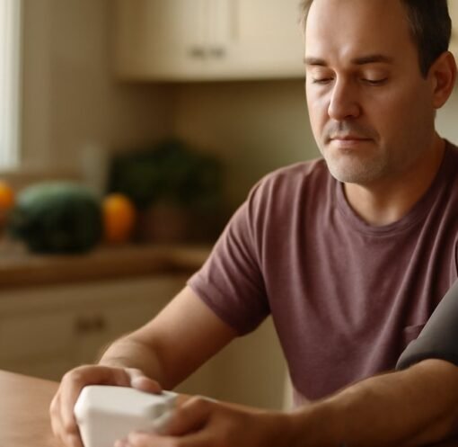 Middle-aged man using a home blood pressure monitor at a kitchen table with healthy food nearby
