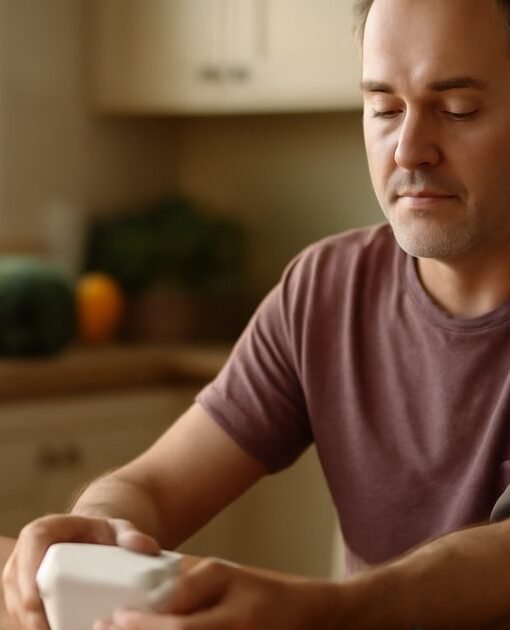 Middle-aged man using a home blood pressure monitor at a kitchen table with healthy food nearby