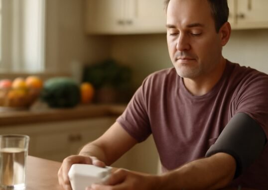Middle-aged man using a home blood pressure monitor at a kitchen table with healthy food nearby