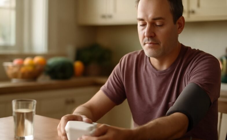Middle-aged man using a home blood pressure monitor at a kitchen table with healthy food nearby