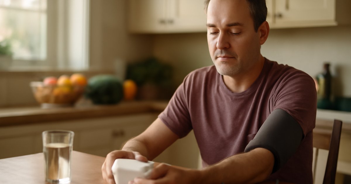Middle-aged man using a home blood pressure monitor at a kitchen table with healthy food nearby