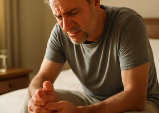 Middle-aged man holding his foot with gout pain in the big toe joint