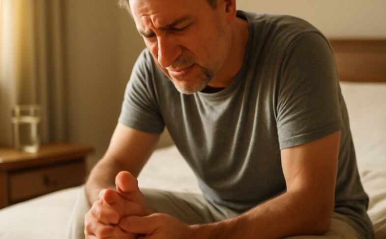 Middle-aged man holding his foot with gout pain in the big toe joint