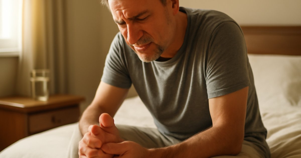 Middle-aged man holding his foot with gout pain in the big toe joint