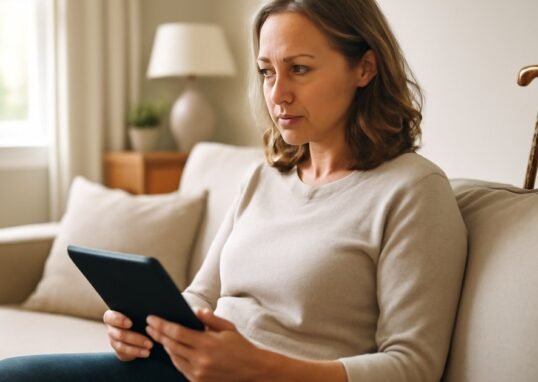 Middle-aged woman managing multiple sclerosis at home with a calm and empowered expression