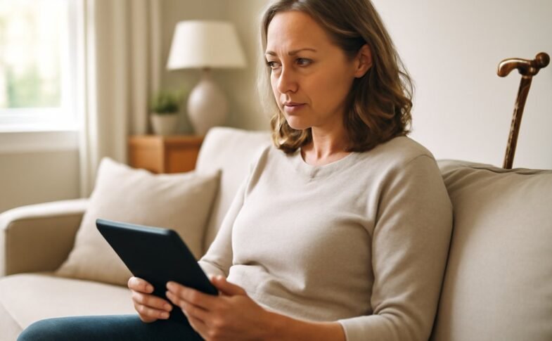 Middle-aged woman managing multiple sclerosis at home with a calm and empowered expression