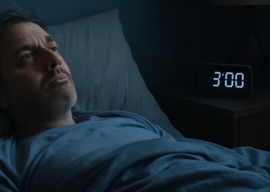 Middle-aged adult lying awake at night with PTSD-related sleep disturbance, staring at the ceiling in a dark bedroom