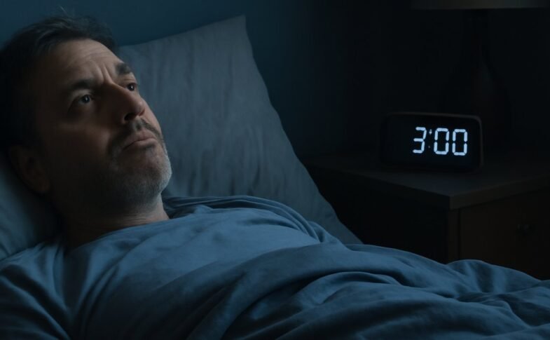 Middle-aged adult lying awake at night with PTSD-related sleep disturbance, staring at the ceiling in a dark bedroom