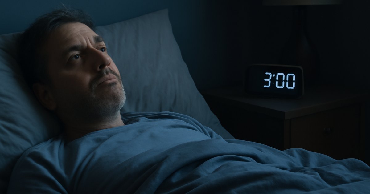 Middle-aged adult lying awake at night with PTSD-related sleep disturbance, staring at the ceiling in a dark bedroom