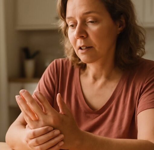 Middle-aged woman managing rheumatoid arthritis symptoms at home